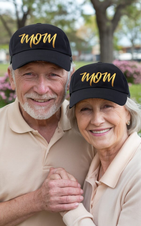 Mom Dad Golden Printed Caps, Black, Set of 2